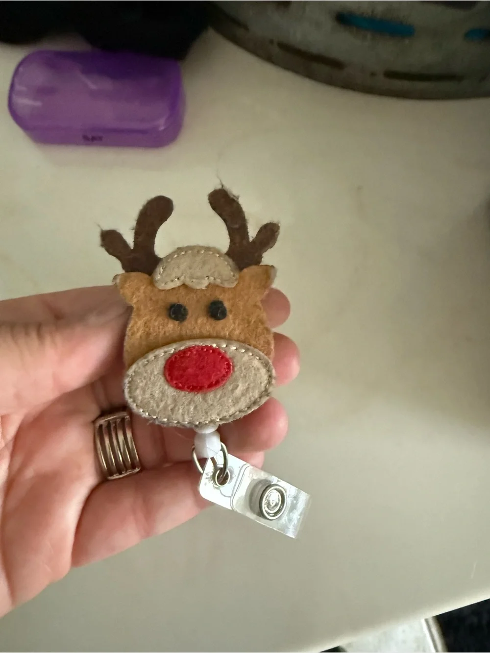Reindeer Felt Badge Reel - Brown and Red Accessory